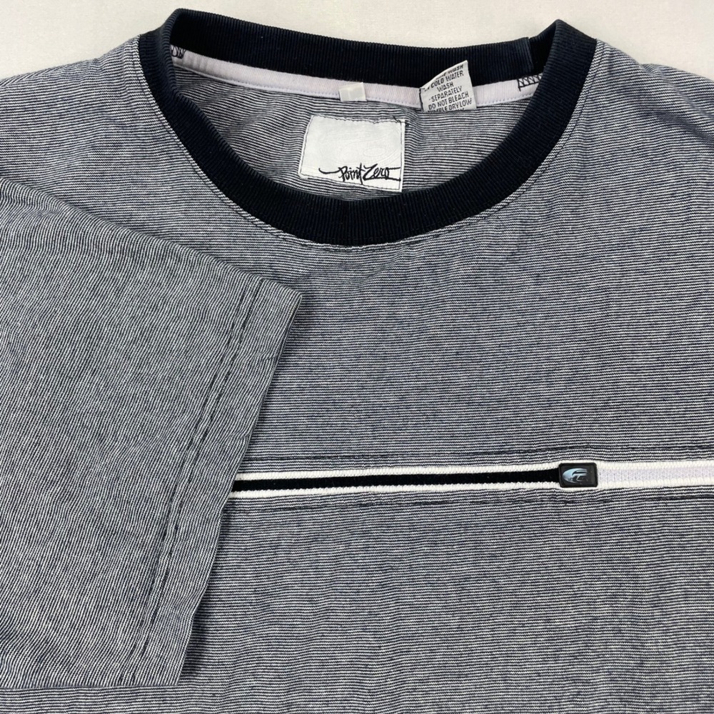 Point Zero Mens Striped Crewneck T-Shirt Blue White Short Sleeve Cotton Vintage